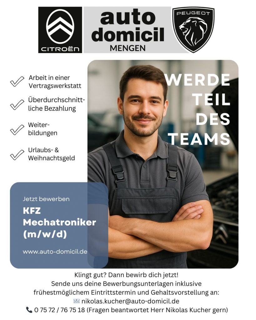 Für unseren Standort in Mengen suchen wir eine/n Kfz-Mechatroniker/in (m/w/d).